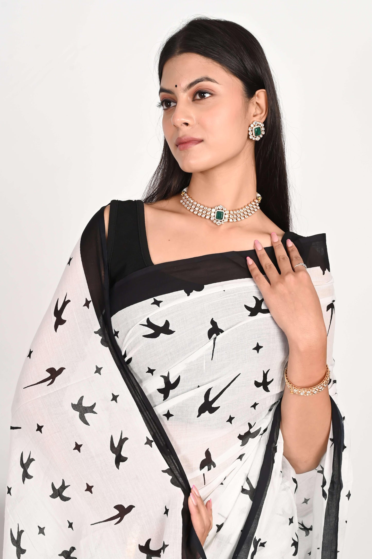 Hand Block Printed White Pure Mulmul Cotton Saree - The House of RajPadmini