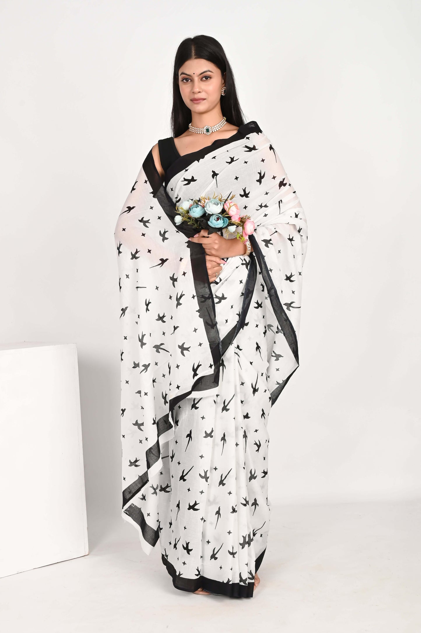 Hand Block Printed White Pure Mulmul Cotton Saree - The House of RajPadmini