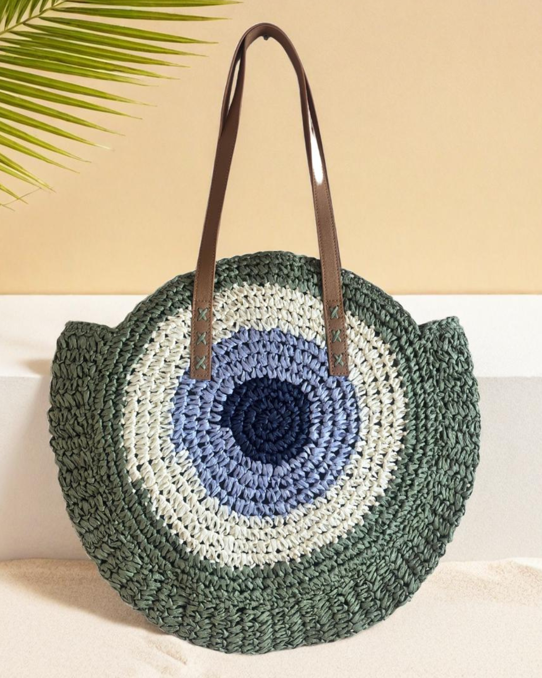 The Beach Party Edition - Premium Evil Eye Round Green Straw Beach Tote