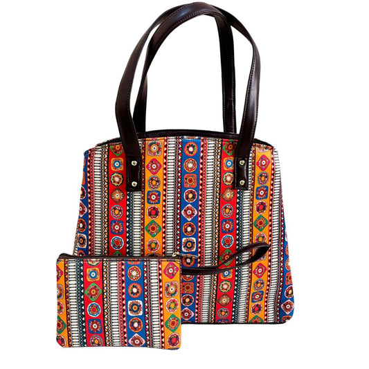 Multicolor Rajasthani Print Tote Bag with Triple Compartment