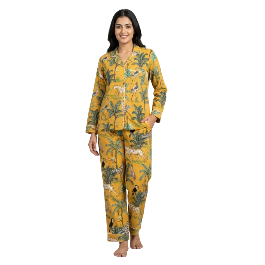 Gulmer by RajPadmini — Aranyaka Jungle Safari Mulmul Cotton Cord Set with matching Cover| Animal Print Yellow Nightsuit for Women | Breathable Loungewear with Collar Shirt & Pants