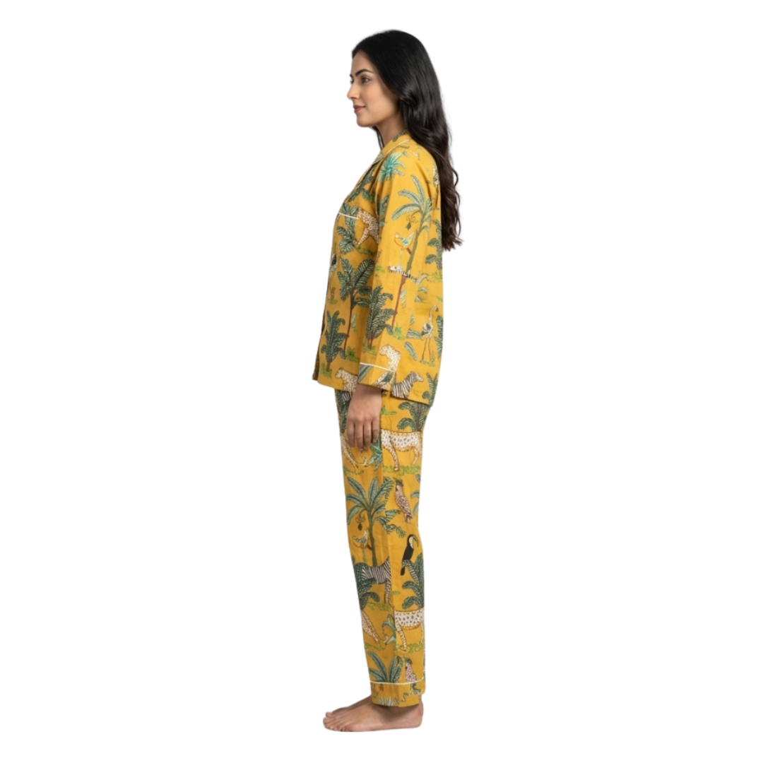 Gulmer by RajPadmini — Aranyaka Jungle Safari Mulmul Cotton Cord Set with matching Cover| Animal Print Yellow Nightsuit for Women | Breathable Loungewear with Collar Shirt & Pants