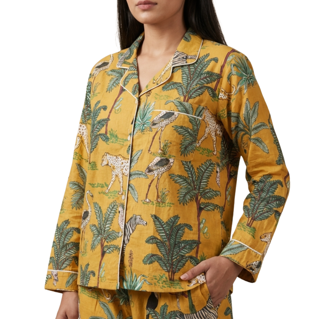 Gulmer by RajPadmini — Aranyaka Jungle Safari Mulmul Cotton Cord Set with matching Cover| Animal Print Yellow Nightsuit for Women | Breathable Loungewear with Collar Shirt & Pants
