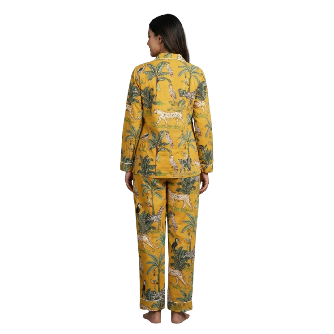 Gulmer by RajPadmini — Aranyaka Jungle Safari Mulmul Cotton Cord Set with matching Cover| Animal Print Yellow Nightsuit for Women | Breathable Loungewear with Collar Shirt & Pants