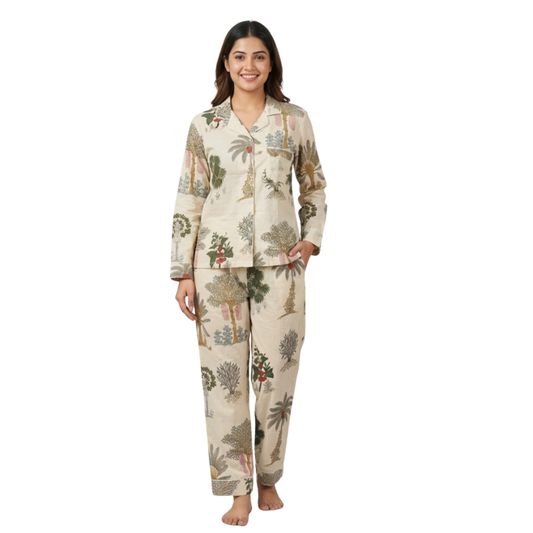 Gulmer by RajPadmini — Kalpa Vriksha Mulmul Cotton Cord Set with matching Cover| Off-white Nightsuit for Women | Breathable Loungewear with Collar Shirt & Pants