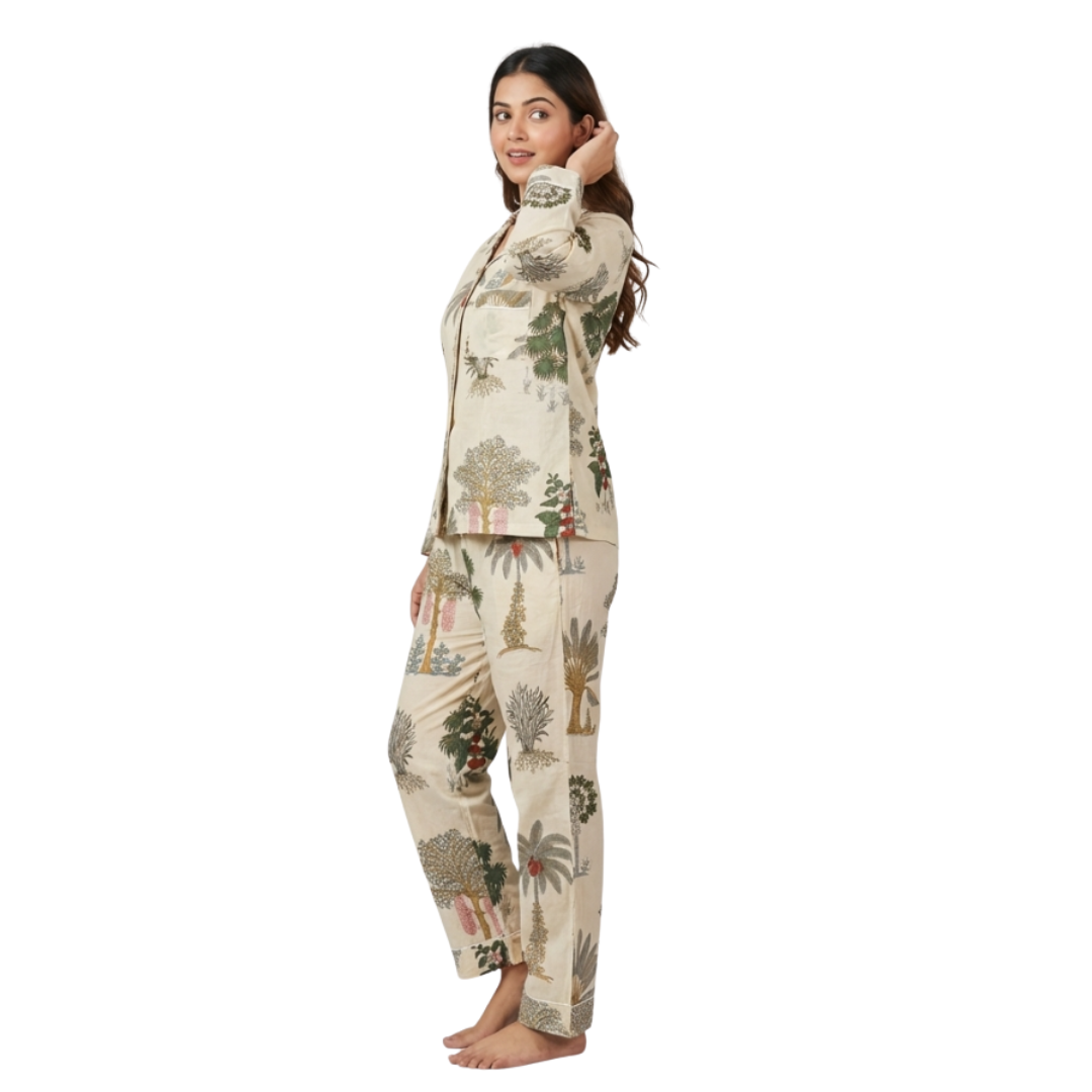Gulmer by RajPadmini — Kalpa Vriksha Mulmul Cotton Cord Set with matching Cover| Off-white Nightsuit for Women | Breathable Loungewear with Collar Shirt & Pants