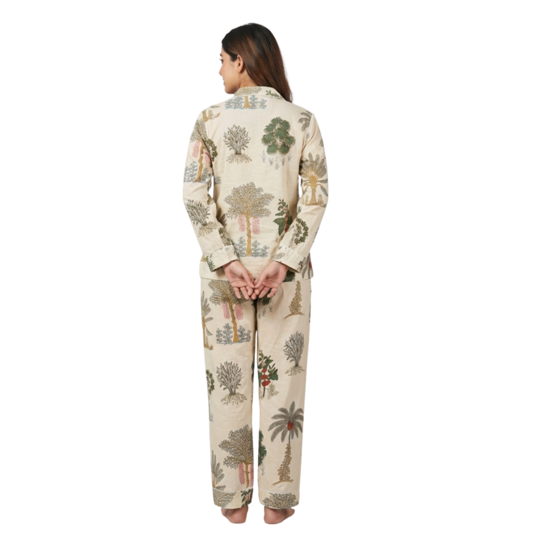 Gulmer by RajPadmini — Kalpa Vriksha Mulmul Cotton Cord Set with matching Cover| Off-white Nightsuit for Women | Breathable Loungewear with Collar Shirt & Pants