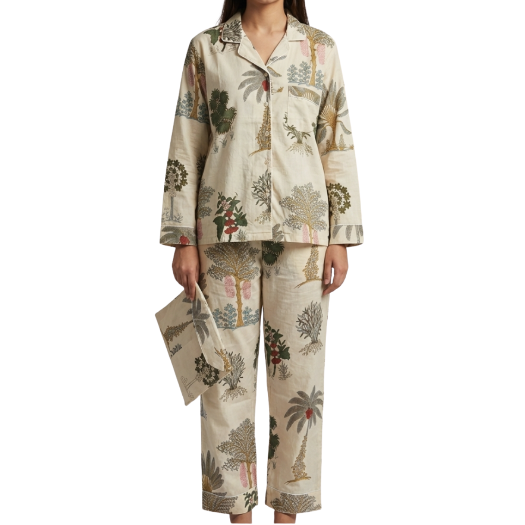 Gulmer by RajPadmini — Kalpa Vriksha Mulmul Cotton Cord Set with matching Cover| Off-white Nightsuit for Women | Breathable Loungewear with Collar Shirt & Pants
