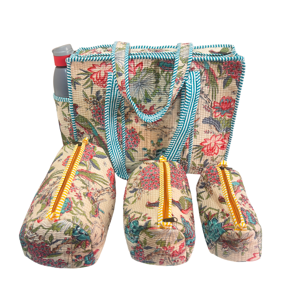 RajPadmini 4-in-1 Festive Gifting COMBO : Premium Quilted Tote Bag + 3 Waterproof Pouches = Your Complete Organization Solution!