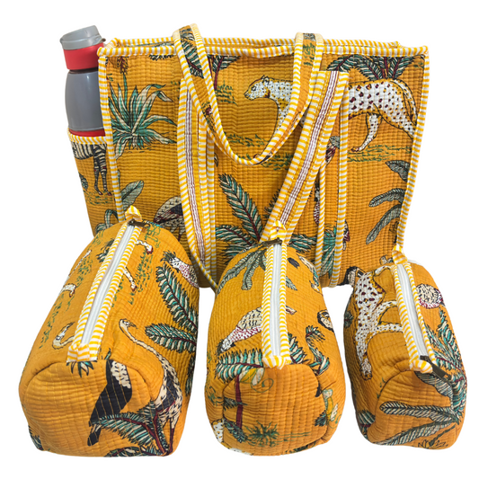 RajPadmini 4-in-1 Festive Gifting COMBO : Premium Quilted Tote Bag + 3 Waterproof Pouches = Your Complete Organization Solution!