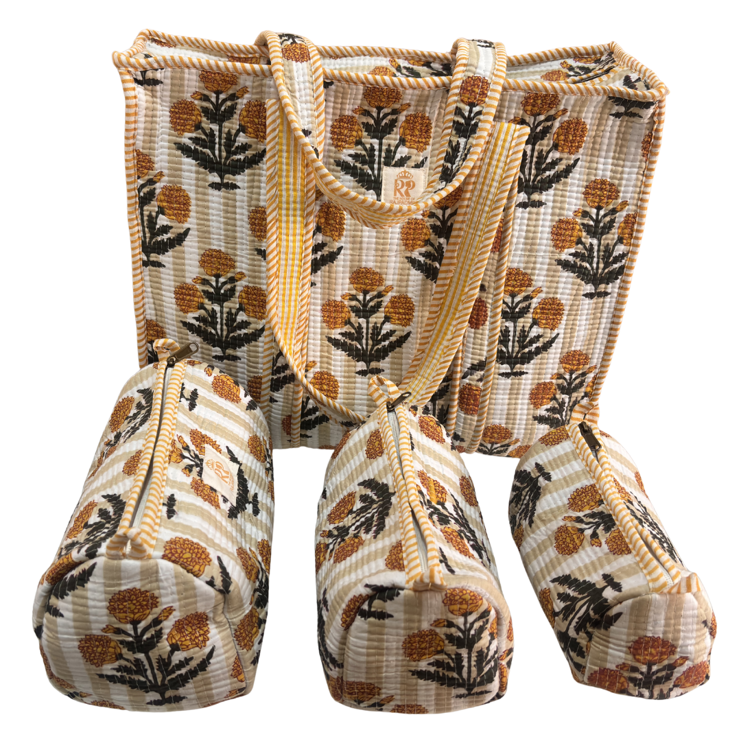 4-in-1 Festive Gifting COMBO : Premium Quilted Tote Bag + 3 Waterproof Pouches = Your Complete Organization Solution!