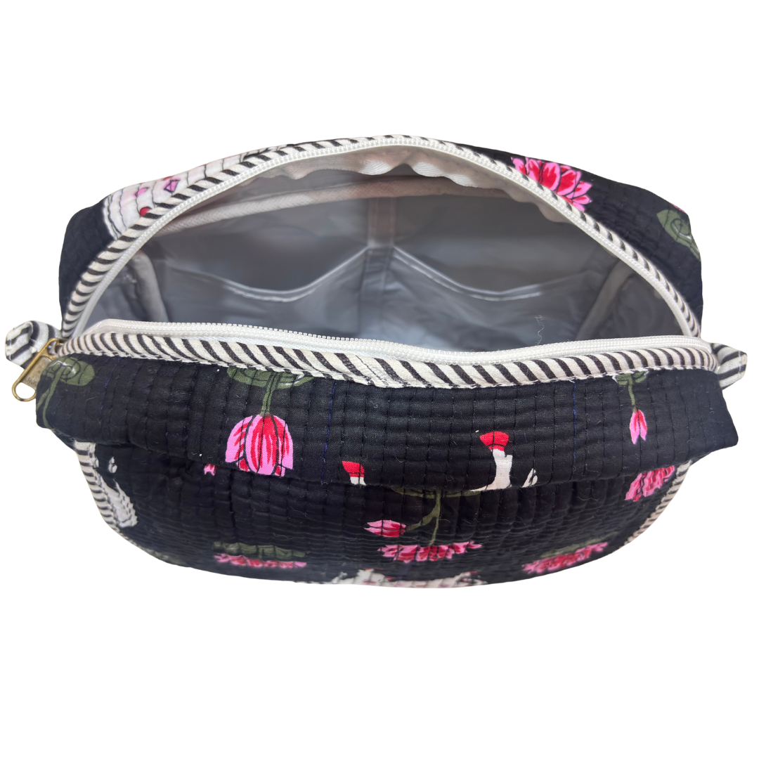 RajPadmini block-print cosmetic case — front view showing quilted cotton exterior and sturdy zip closure