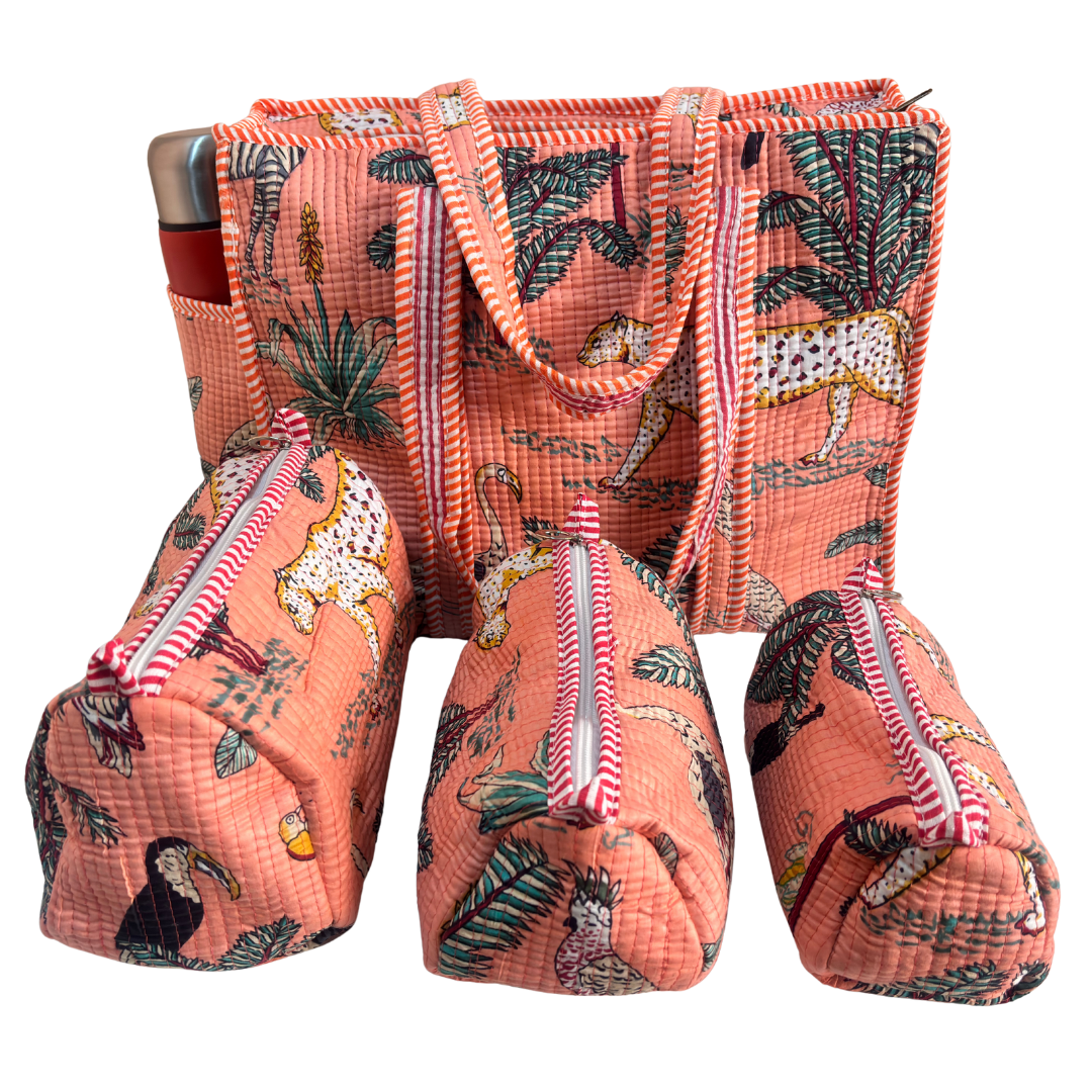 RajPadmini 4-in-1 Super Mom's Edition COMBO : Premium Quilted Tote Bag + 3 Waterproof Pouches = Your Complete Organization Solution!