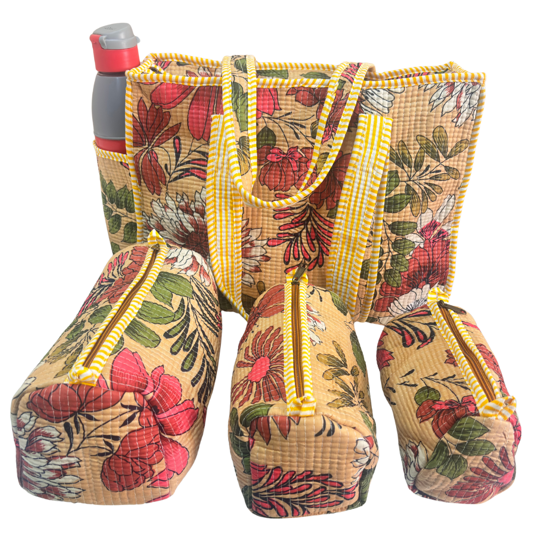 RajPadmini 4-in-1 Festive Gifting COMBO : Premium Quilted Tote Bag + 3 Waterproof Pouches = Your Complete Organization Solution!