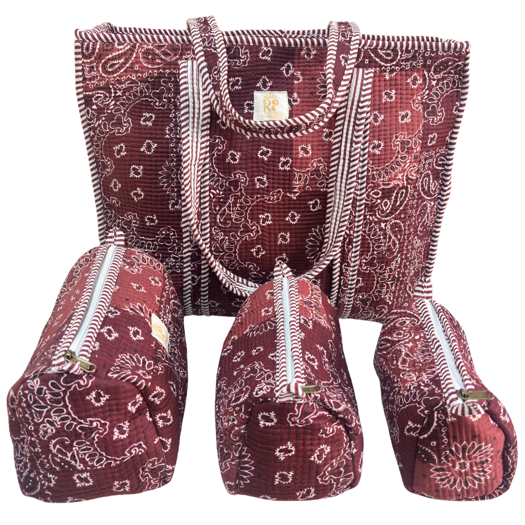 4-in-1 Festive Gifting COMBO : Premium Quilted Tote Bag + 3 Waterproof Pouches = Your Complete Organization Solution!