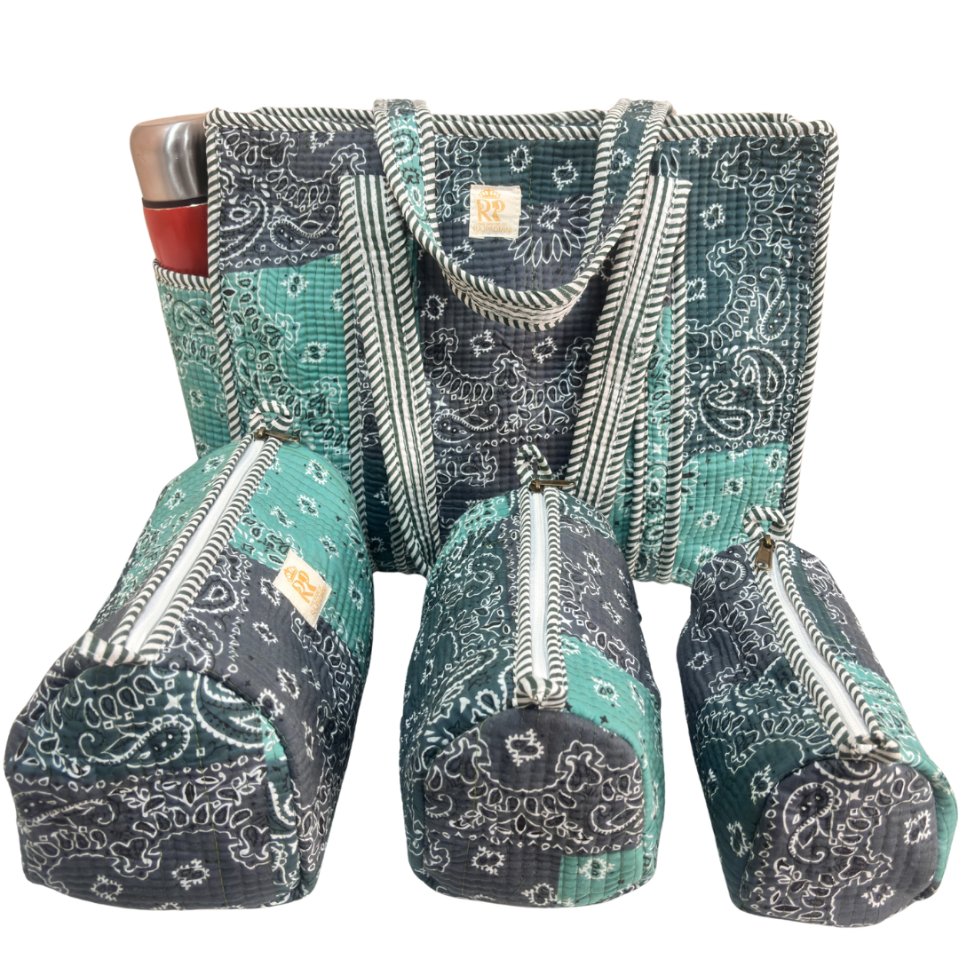 RajPadmini 4-in-1 Super Mom's Edition COMBO : Premium Quilted Tote Bag + 3 Waterproof Pouches = Your Complete Organization Solution!