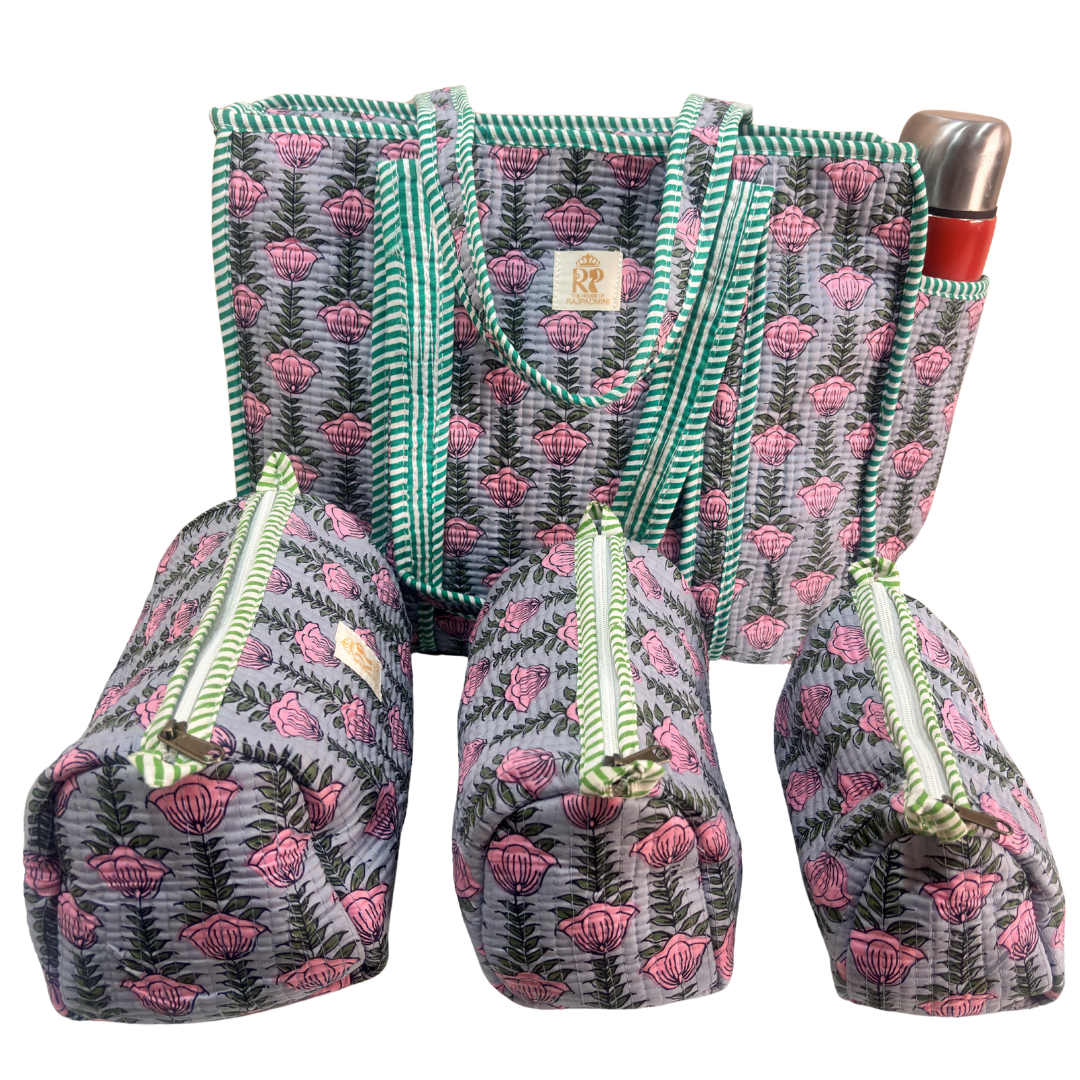 RajPadmini 4-in-1 Super Mom's Edition COMBO : Premium Quilted Tote Bag + 3 Waterproof Pouches = Your Complete Organization Solution!