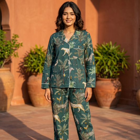 Emerald Jungle Green Cord Set | Animal Print Mulmul Loungewear