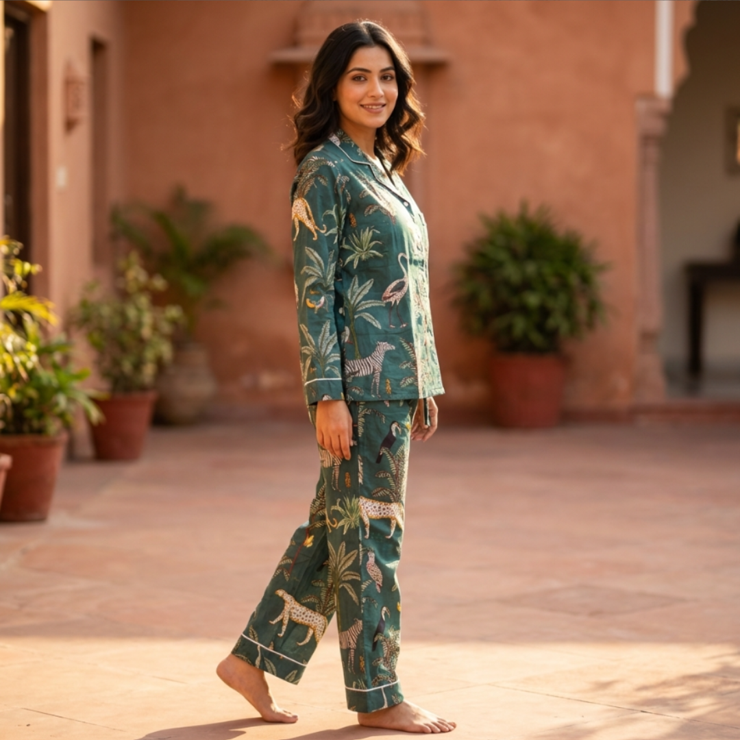 Emerald Jungle Green Cord Set | Animal Print Mulmul Loungewear