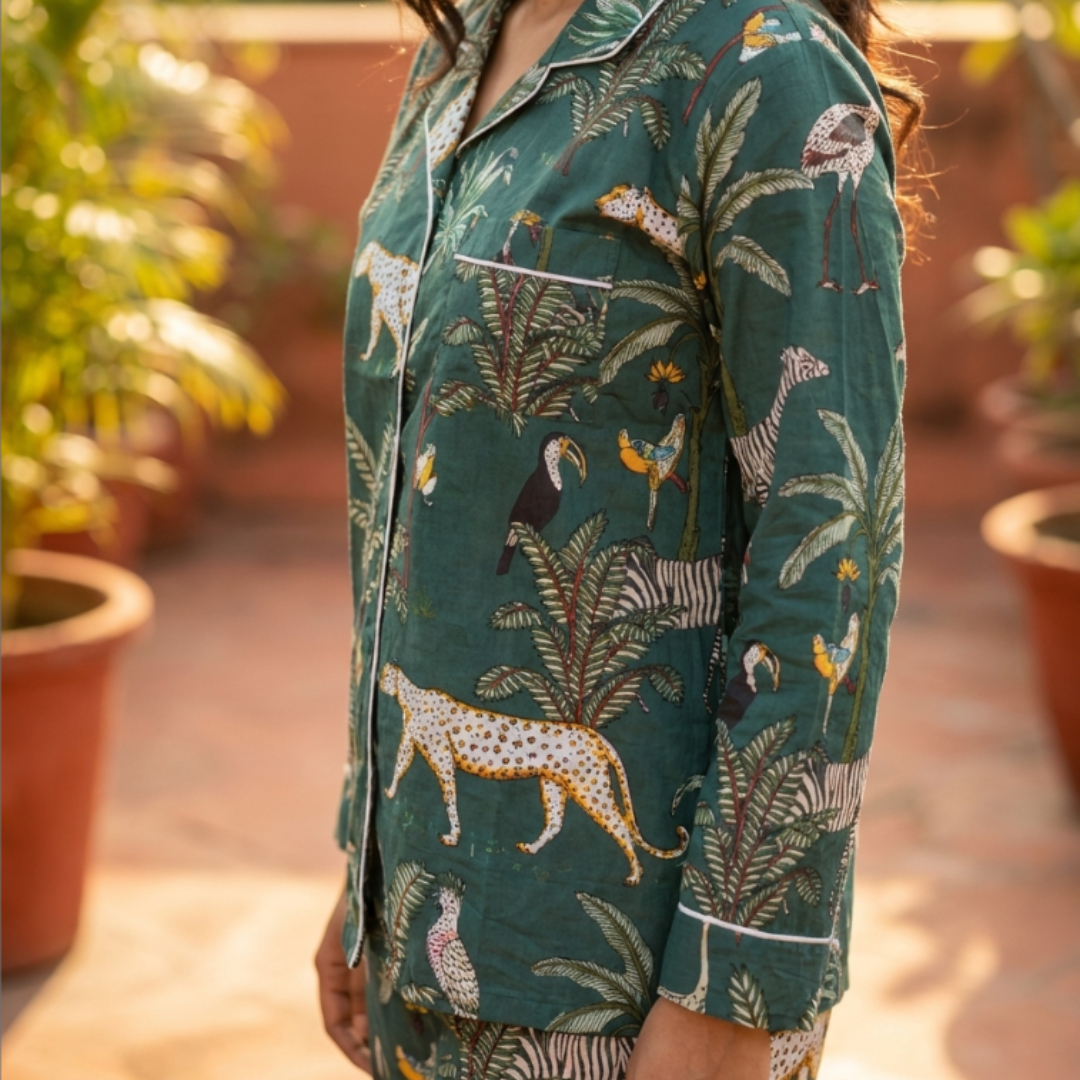 Emerald Jungle Green Cord Set | Animal Print Mulmul Loungewear