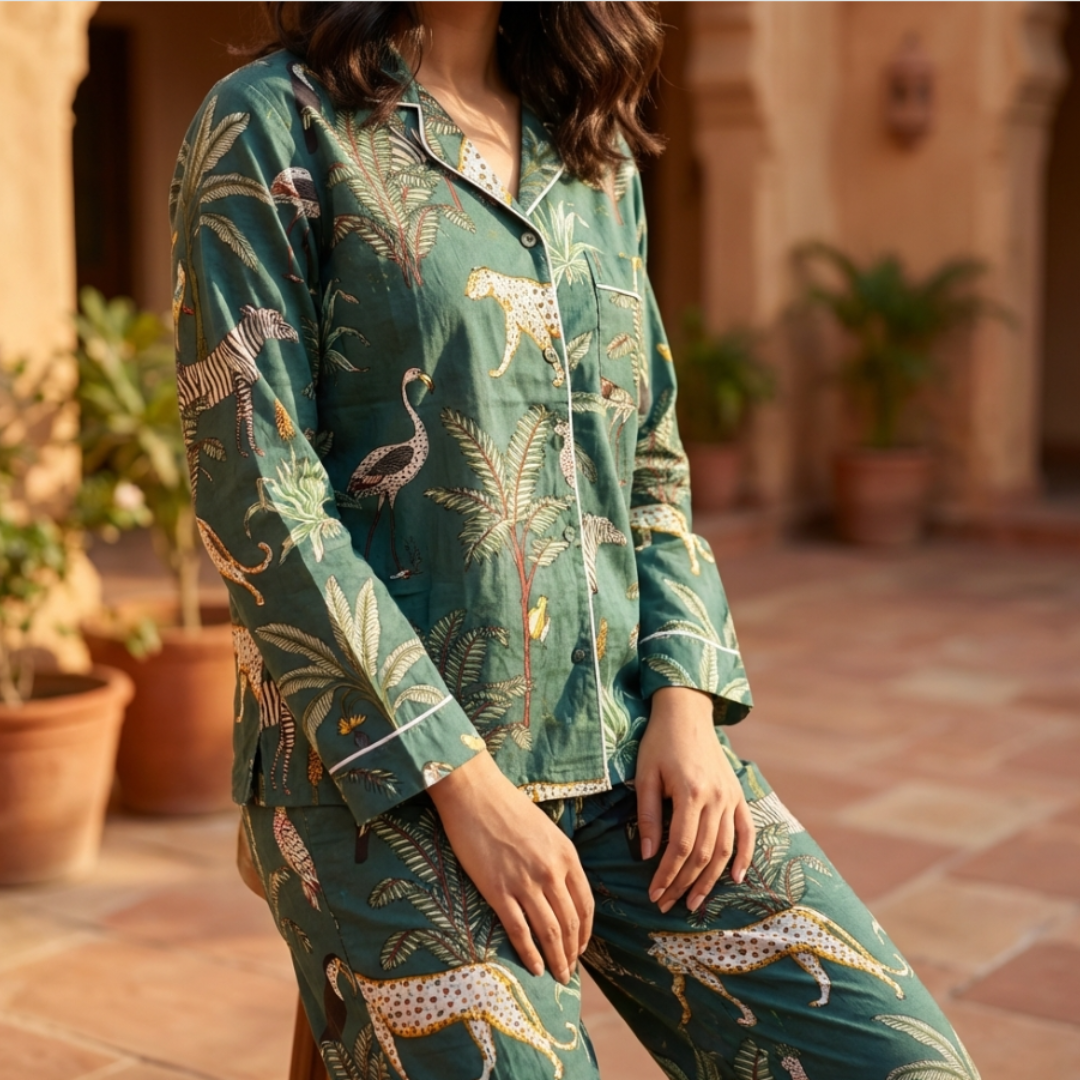 Emerald Jungle Green Cord Set | Animal Print Mulmul Loungewear