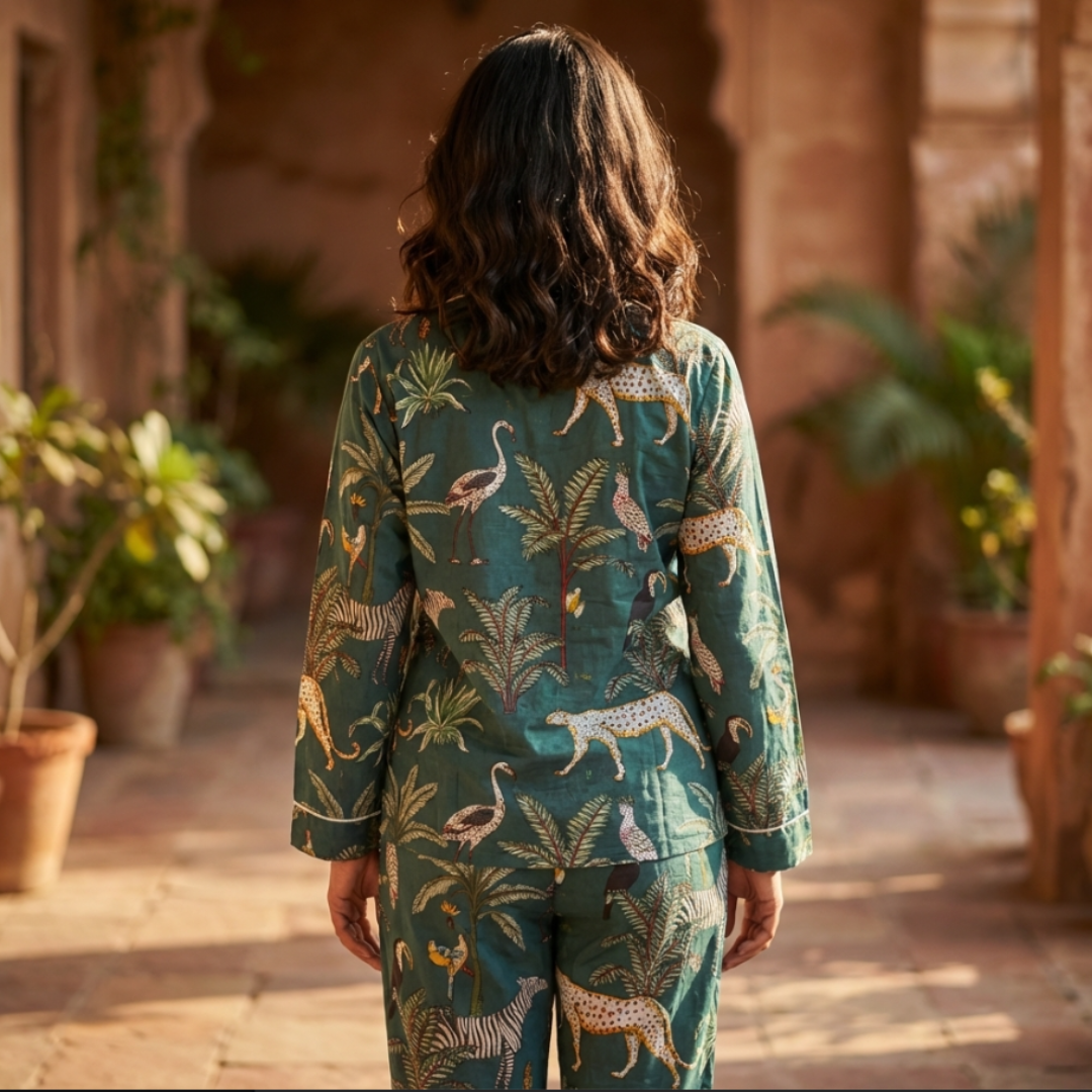 Emerald Jungle Green Cord Set | Animal Print Mulmul Loungewear