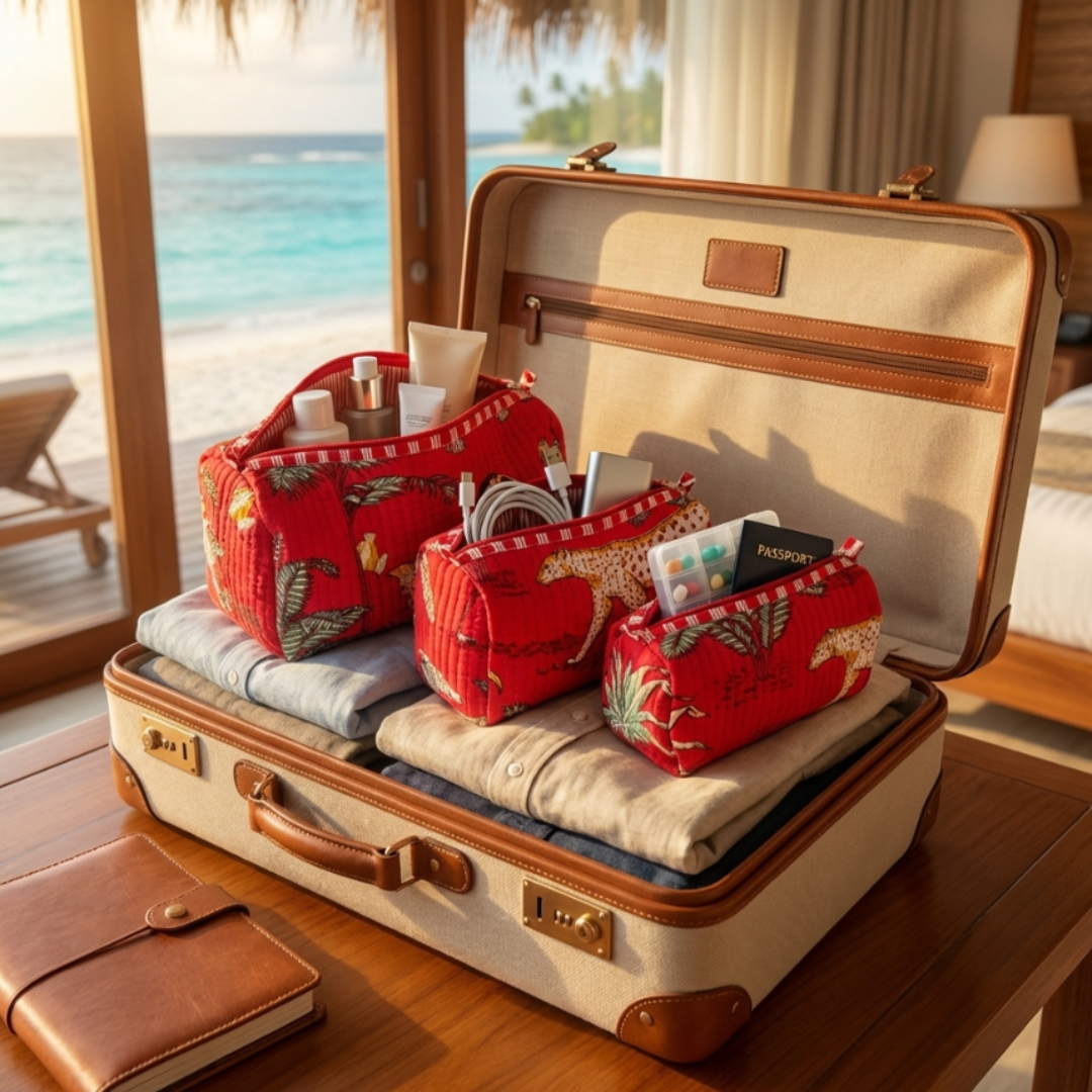 The Alfred Edition Multipurpose Travel Organizers:- Premium Handcrafted Waterproof Quilted Cotton Beauty/Travel Organizer Bag for Men & Women