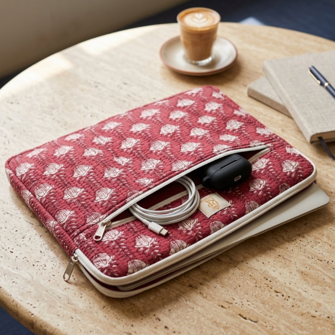 Quilted Cotton Laptop Sleeve with External Pocket — Handcrafted 14-inch Sleeve | The House of RajPadmini