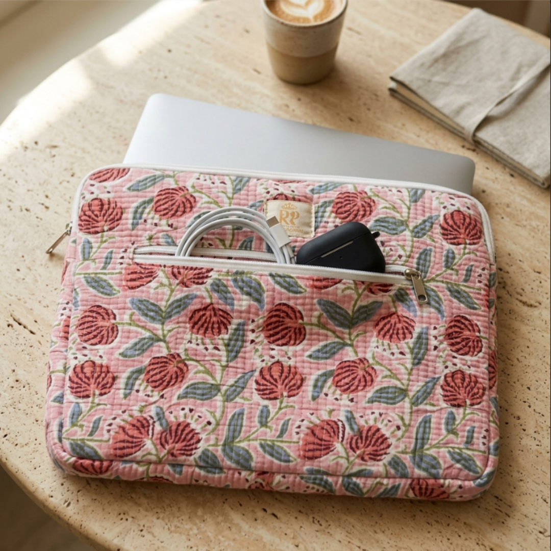 Quilted Cotton Laptop Sleeve with External Pocket — Handcrafted 14-inch Sleeve | The House of RajPadmini
