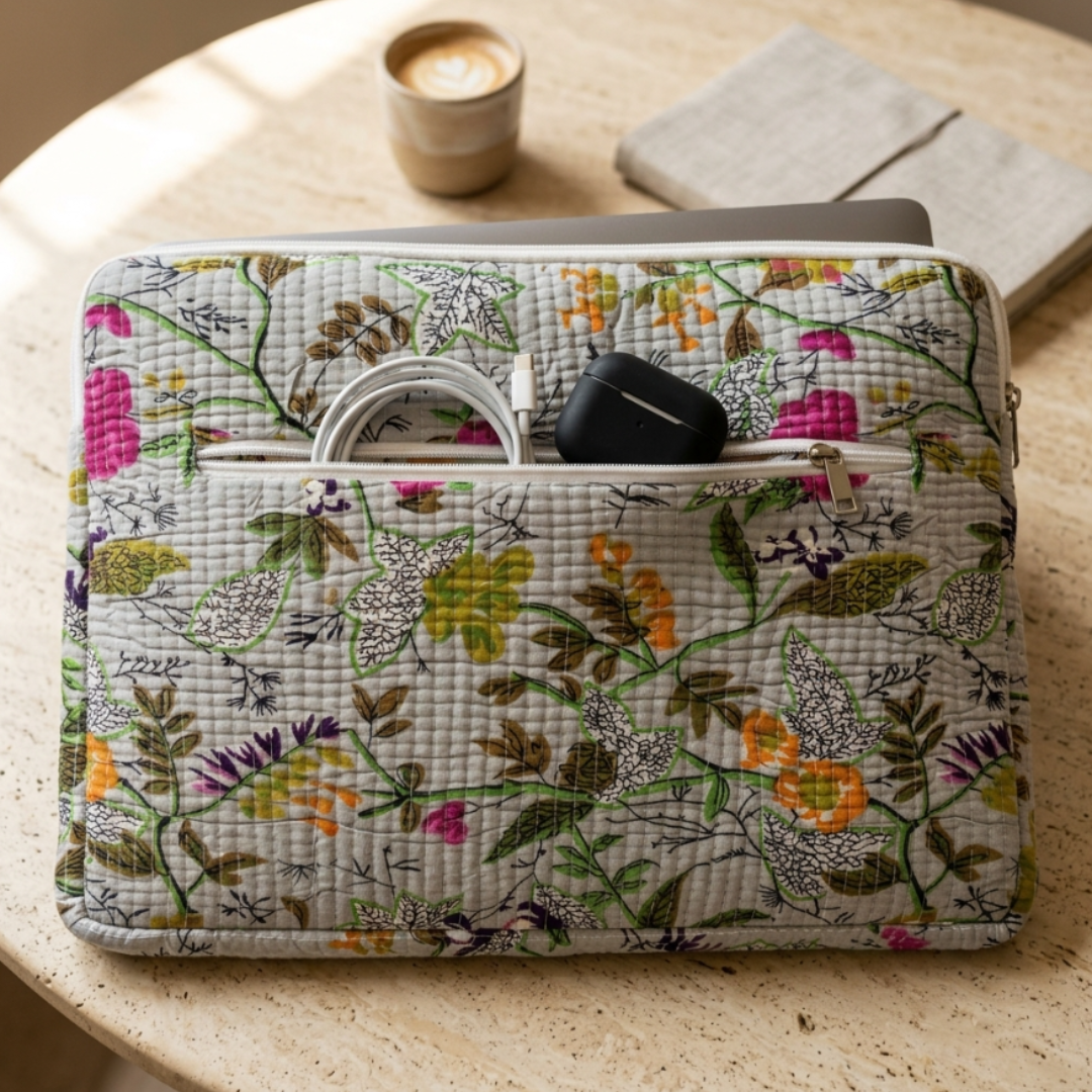 Quilted Cotton Laptop Sleeve with External Pocket — Handcrafted 14-inch Sleeve | The House of RajPadmini
