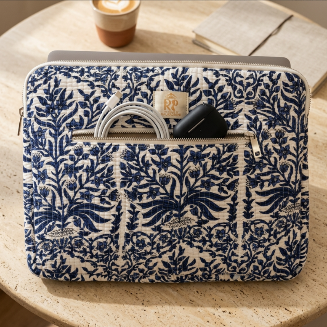 Quilted Cotton Laptop Sleeve with External Pocket — Handcrafted 14-inch Sleeve | The House of RajPadmini