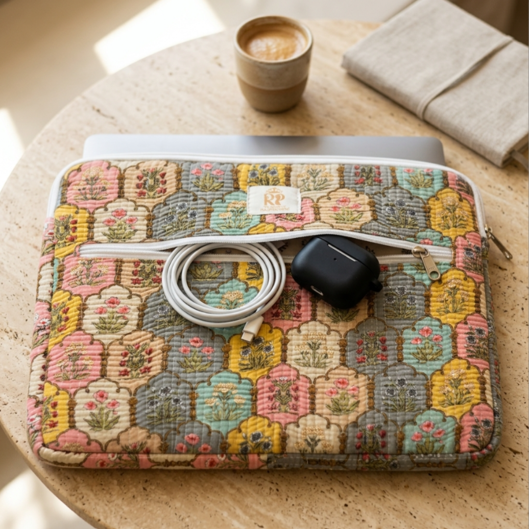 Quilted Cotton Laptop Sleeve with External Pocket — Handcrafted 14-inch Sleeve | The House of RajPadmini