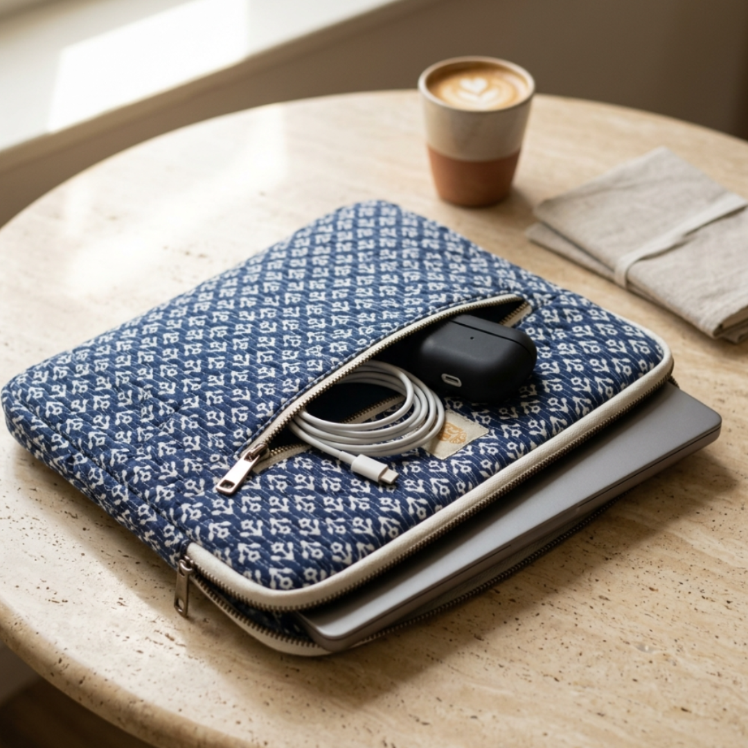 Quilted Cotton Laptop Sleeve with External Pocket — Handcrafted 14-inch Sleeve | The House of RajPadmini