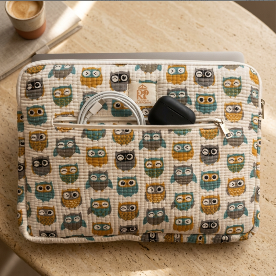 Quilted Cotton Laptop Sleeve with External Pocket — Handcrafted 14-inch Sleeve | The House of RajPadmini