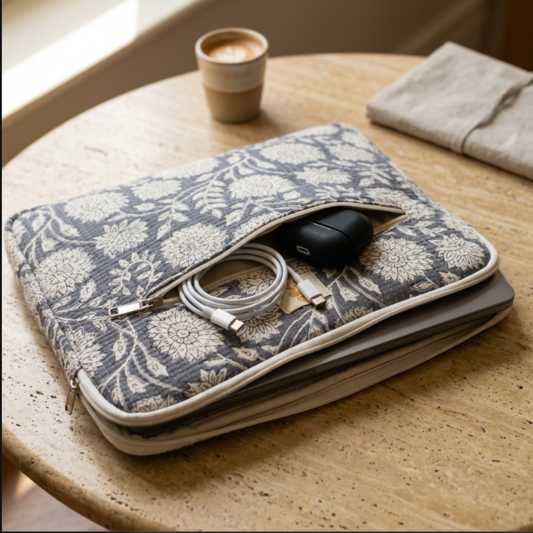Grey quilted cotton laptop sleeve with external zip pocket — handcrafted 14-inch sleeve by The House of RajPadmini Jaipur