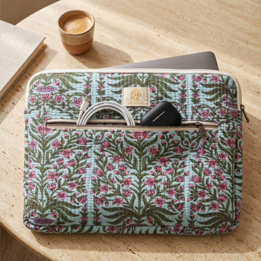 Quilted Cotton Laptop Sleeve with External Pocket — Handcrafted 14-inch Sleeve | The House of RajPadmini