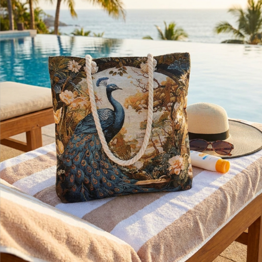 Peacock & Floral Print Canvas Beach Tote — Handcrafted Waterproof Tote with Zip Closure | The House of RajPadmini