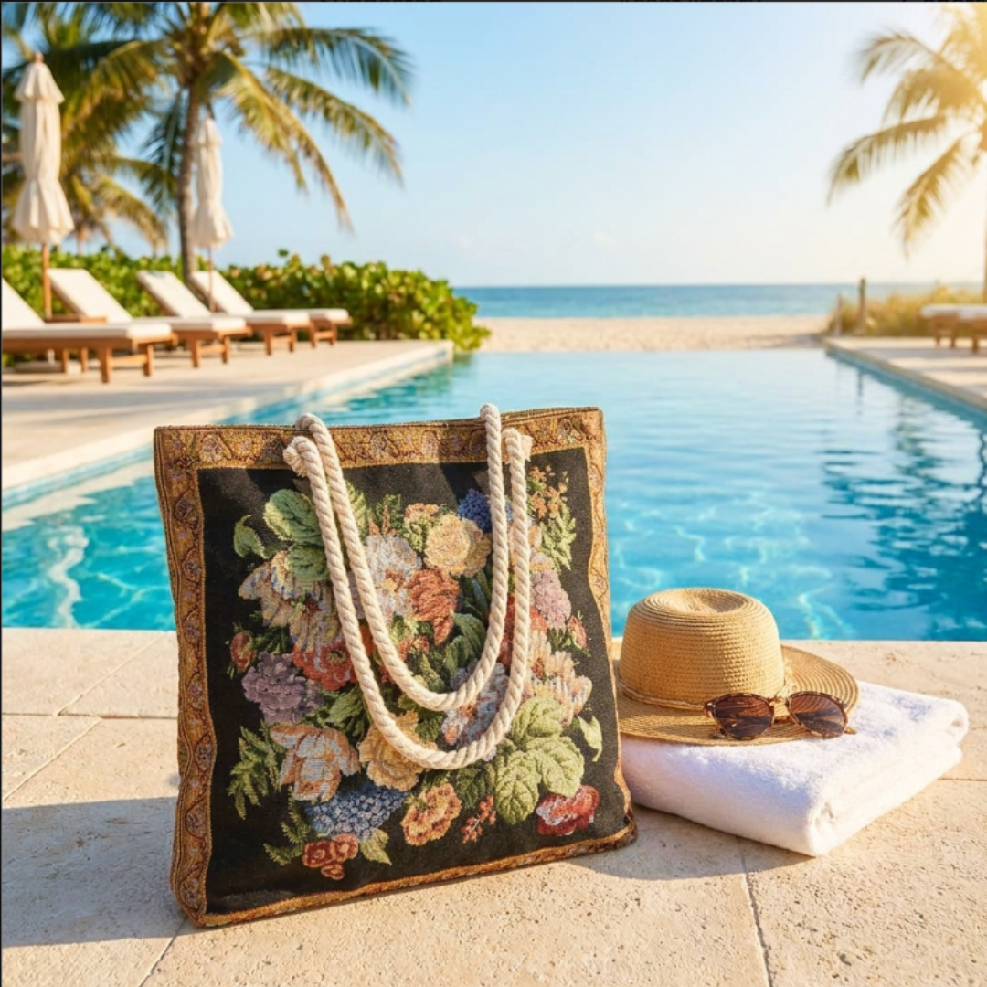 Peacock & Floral Print Canvas Beach Tote — Handcrafted Waterproof Tote with Zip Closure | The House of RajPadmini