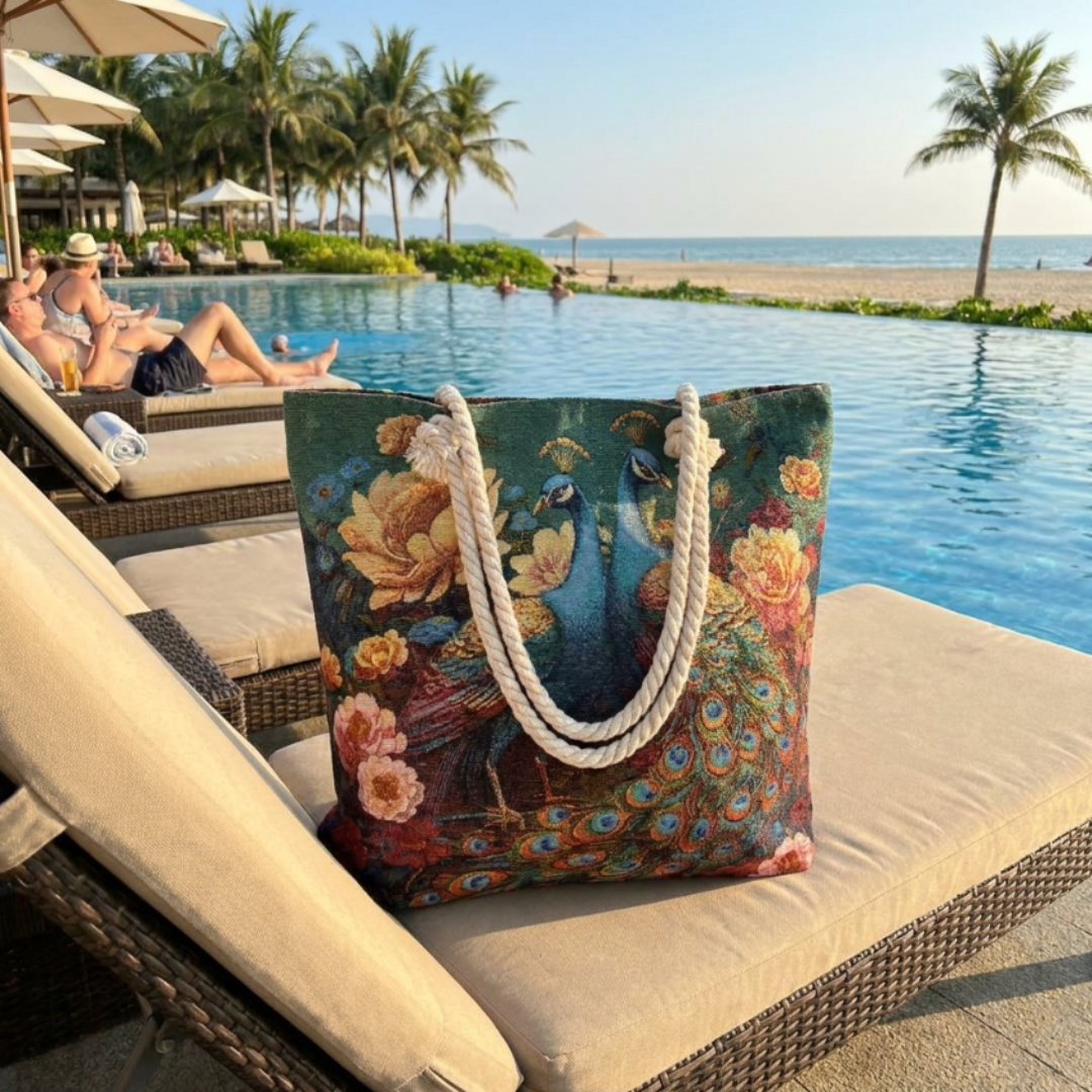Peacock & Floral Print Canvas Beach Tote — Handcrafted Waterproof Tote with Zip Closure | The House of RajPadmini