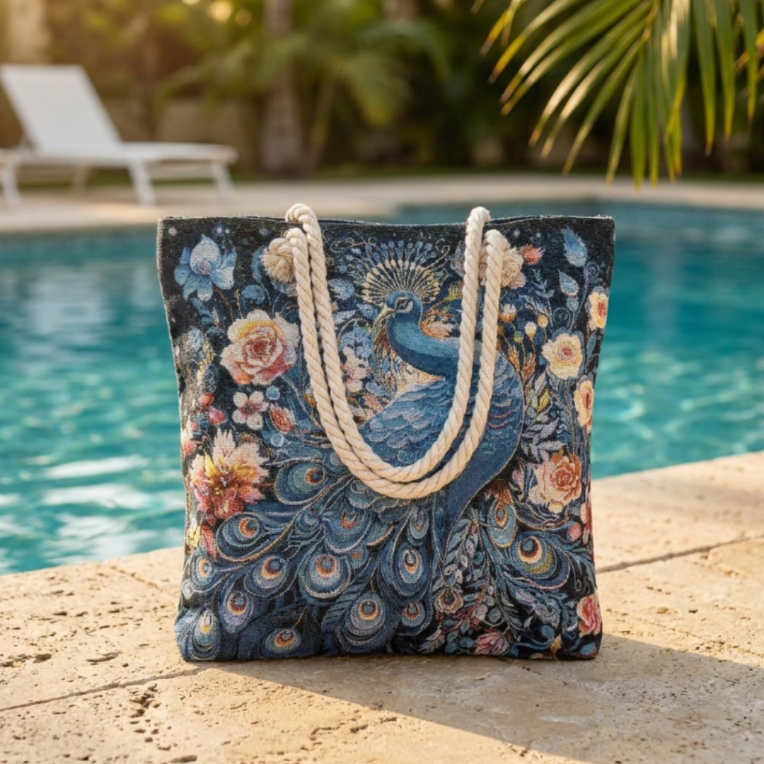 Peacock & Floral Print Canvas Beach Tote — Handcrafted Waterproof Tote with Zip Closure | The House of RajPadmini