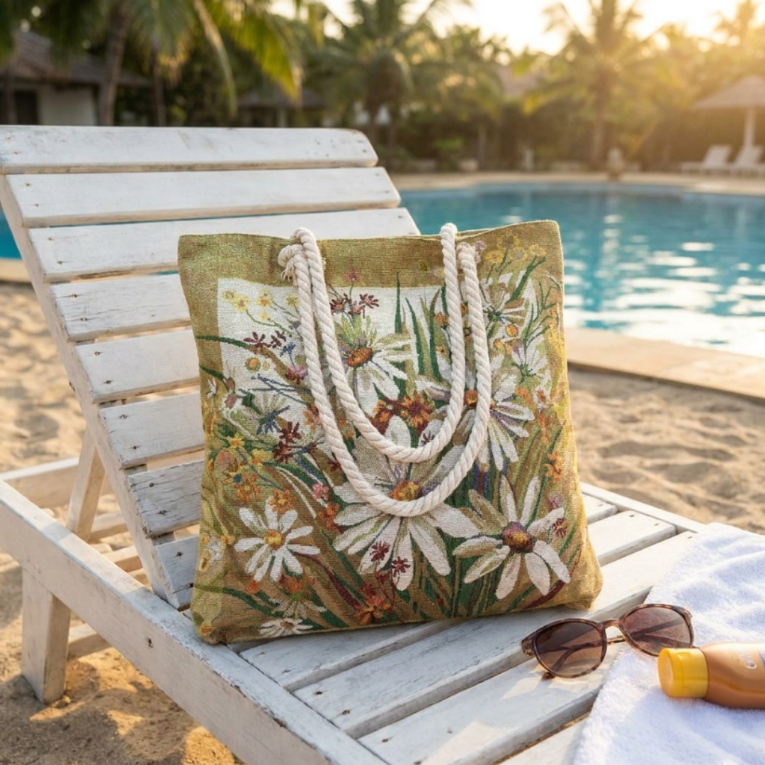 Peacock & Floral Print Canvas Beach Tote — Handcrafted Waterproof Tote with Zip Closure | The House of RajPadmini