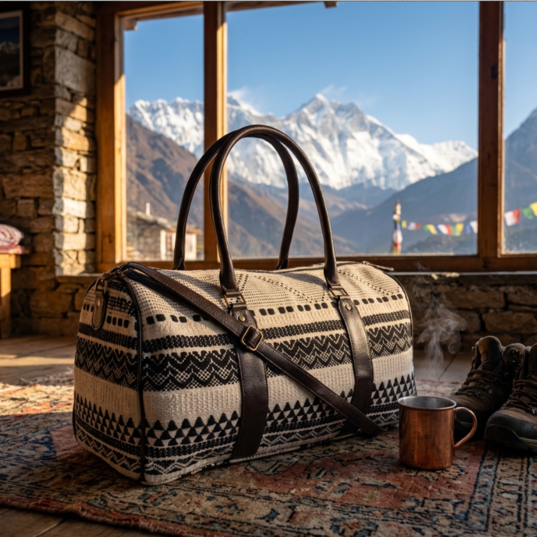 Monochrome Classic Jacquard Duffle Bag — Handcrafted White & Black Travel Duffle | The House of RajPadmini