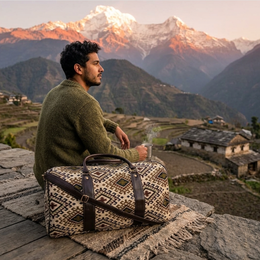 Desert Trail White & Brown Cotton Blend Duffle Bag — Handcrafted Travel Duffle | The House of RajPadmini