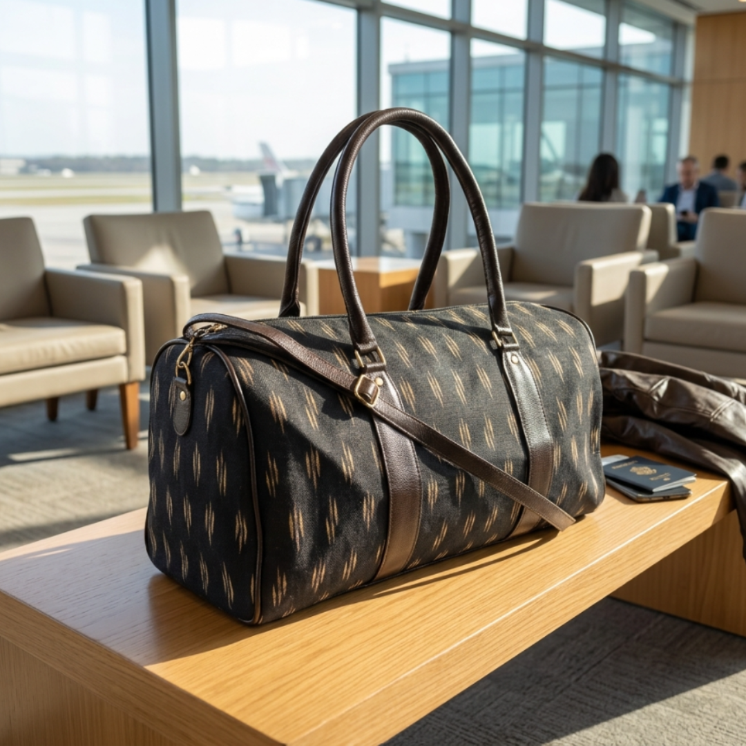 Midnight Noir Black Cotton Blend Duffle Bag — Handcrafted Travel & Gym Duffle | The House of RajPadmini