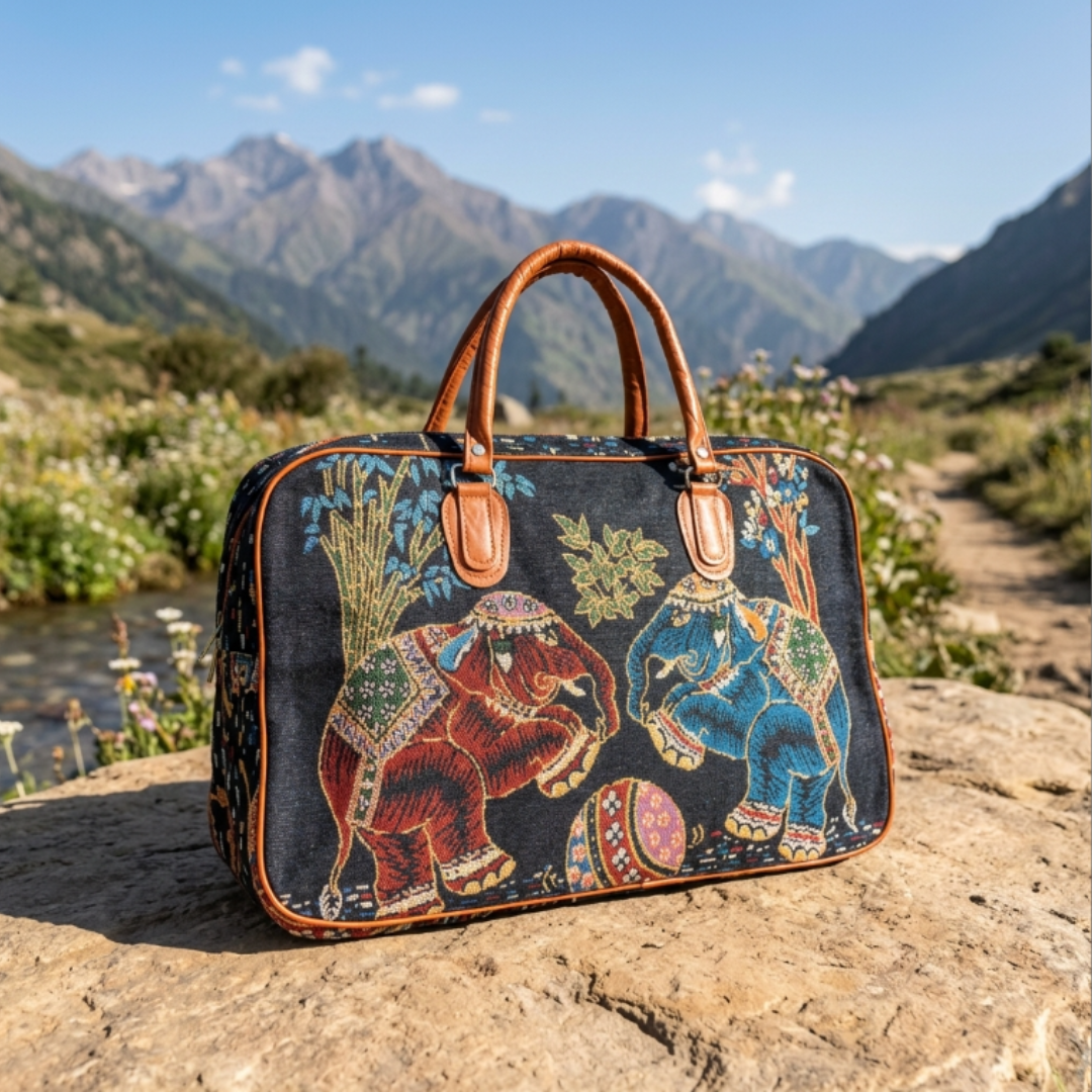 The House of RajPadmini Gypsy Soul Edition:- Black Elephant Print Washable Duffle Bag