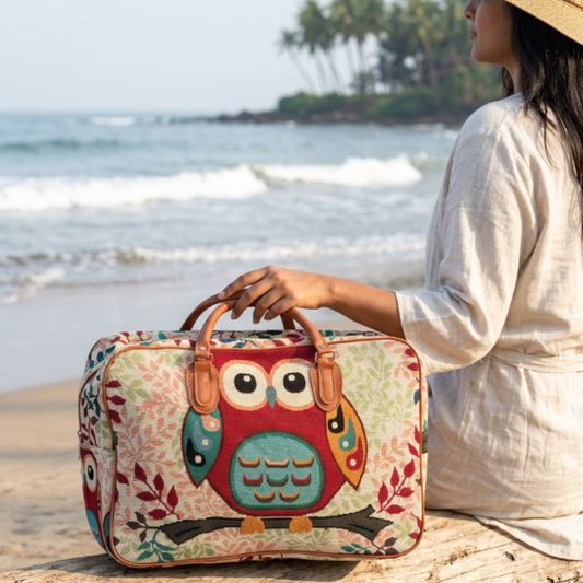 The House of RajPadmini Midnight Owl Edition:- Off-White Single Owl Print Washable Duffle Bag