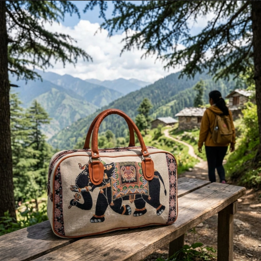 The House of RajPadmini Gypsy Soul Edition:- Creamy Beige Elephant Print Washable Canvas Duffle