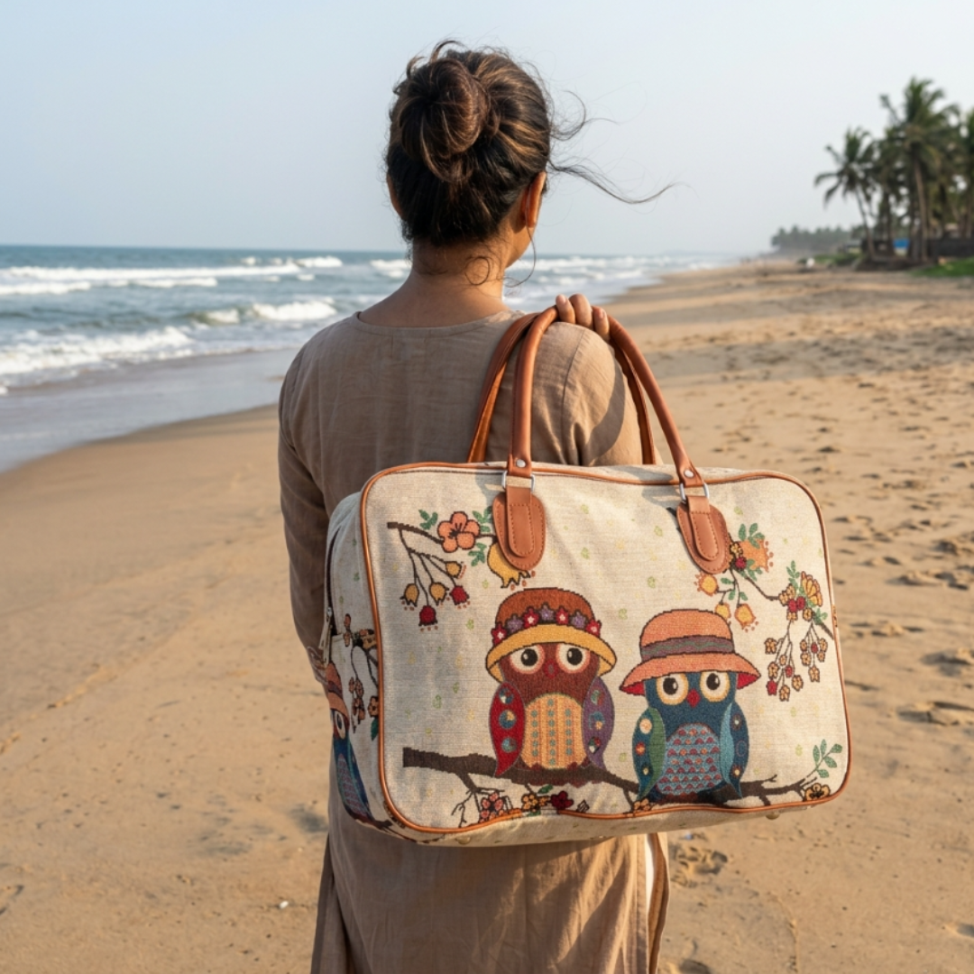 The House of RajPadmini Night Owl's Companion Edition:- Off-White Multi Owl Print Washable Canvas Duffle Bag