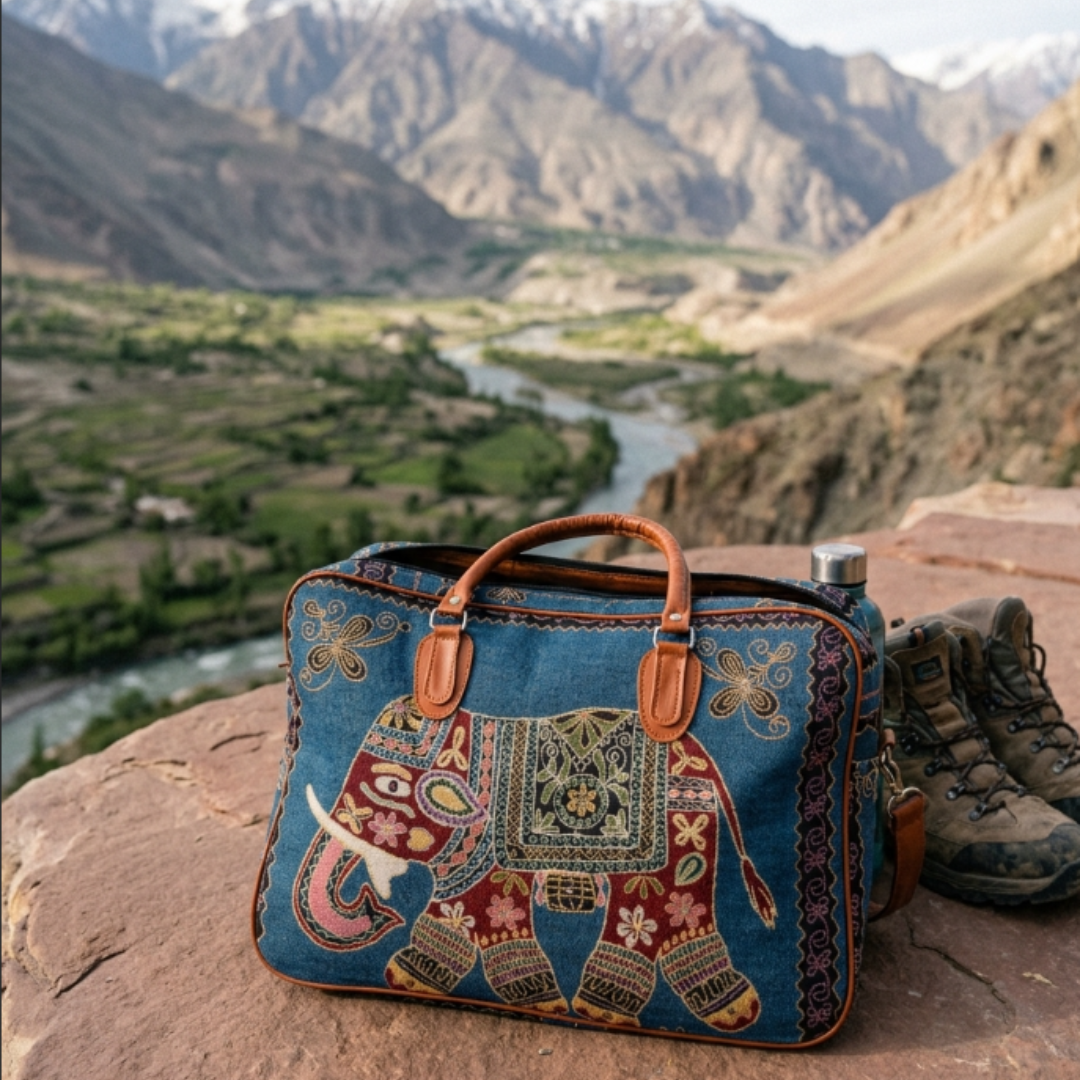 The House of RajPadmini Gypsy Soul Edition:- Blue Elephant Print Washable Duffle Bag