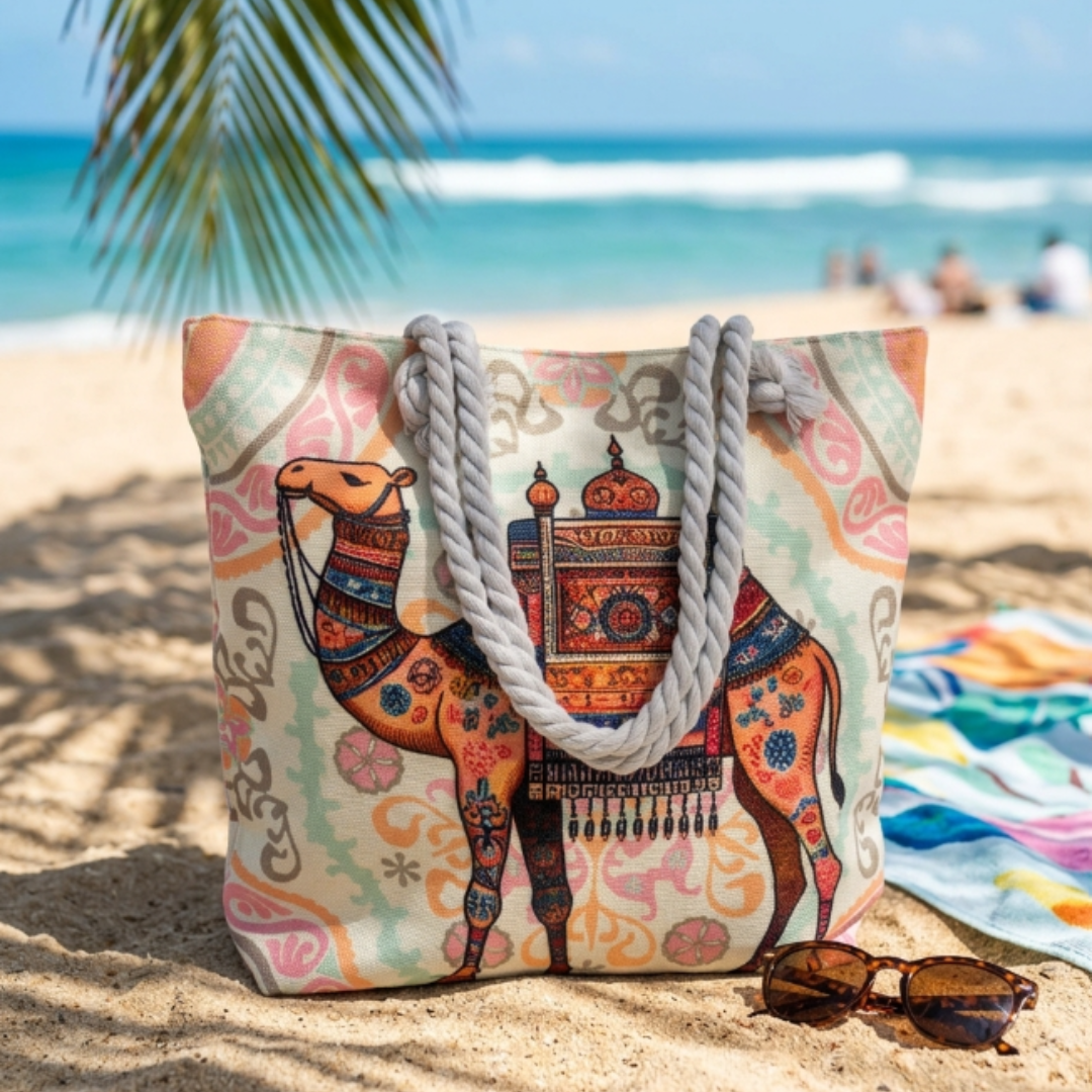 The House of RajPadmini Desert Caravan Edition | Waterproof Jaipuri Print Beach Tote with Peacock & Camel Motifs